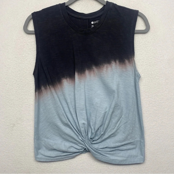 Zella Tank Blouse Cropped Knot Tie Dip Dye Blue XS - Picture 1 of 7